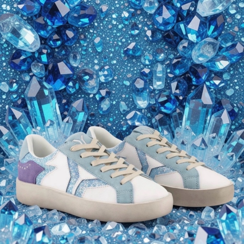 New C.O.B. Culture of Brave Play Sneakers Blue White 7.5 Leather Rhinestone